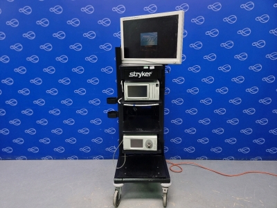 Stryker SDC Ultra HD Information Management System, Stryker Pneumosure Insufflator and Stryker Vision Elect HDTV Surgical Viewing Monitor on Stack Trolley