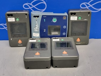 4 x Philips Heartstart FR3 Defibrillator and 1 x Philips Heartstart FR2+ Defibrillator