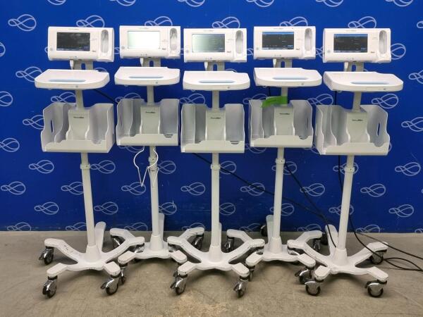 5 x Welch Allyn 75ME Connex Monitor and Welch Allyn 7000-APM Accessory Power Management Unit on Rollstand