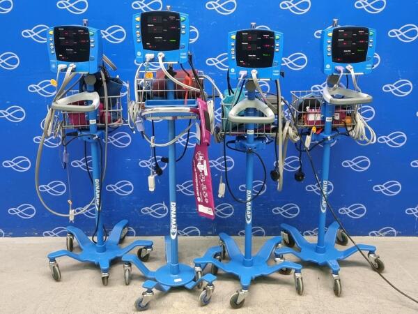 3 x GE Carescape V100 Dinamap Vital Signs Monitor and 1 x GE Procare Vital Signs Monitor All on Rollstands