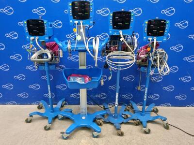 3 x GE Carescape V100 Dinamap Vital Signs Monitor and 1 x GE Procare Vital Signs Monitor All on Rollstands
