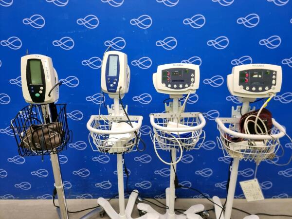 1 x Welch Allyn 53N00 Vital Signs Monitor, 1 x Welch Allyn 53N0P Vital Signs Monitor, 1 x Welch Allyn 42N0B Spot Vital Signs Monitor & 1 x Welch Allyn 420 Series Spot Vital Signs Monitor on 4 x Rollstand