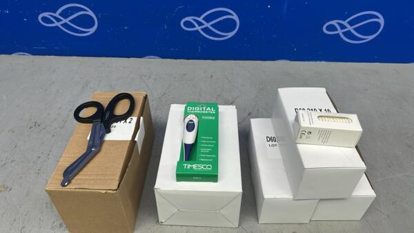 1 Box Utility Scissors, 10 x Timesco Digital Thermometers, 3 boxes Timesco Thermometer Probe Covers - Boxed and Packaged as new