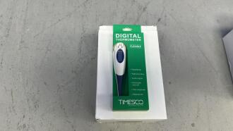 1 Box Utility Scissors, 10 x Timesco Digital Thermometers, 3 boxes Timesco Thermometer Probe Covers - Boxed and Packaged as new - 3