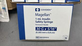 10 Boxes Covidien Magellen 1ml Insulin Safety Syringes (Permanent Needle) , 10 x Medtronic Elongated One-Piece Arterial Cannulas, 1 x Box OPMI Sterile Drapes & 15 Boxes BVI Visitec Anterior Chamber Cannulas ( Rycroft) - Boxed & Packaged as new - 2
