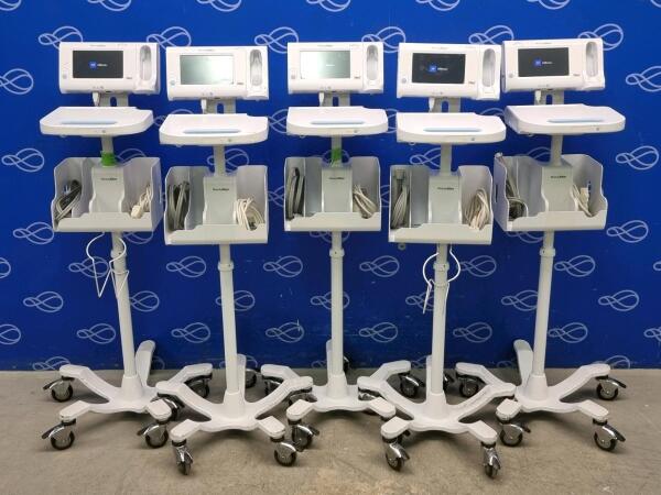 5 x Welch Allyn 75ME Connex Monitor and Welch Allyn 7000-APM Accessory Power Management Unit on Rollstand