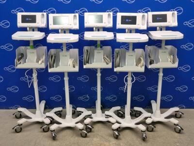 5 x Welch Allyn 75ME Connex Monitor and Welch Allyn 7000-APM Accessory Power Management Unit on Rollstand