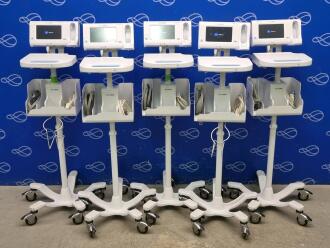 5 x Welch Allyn 75ME Connex Monitor and Welch Allyn 7000-APM Accessory Power Management Unit on Rollstand