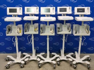 5 x Welch Allyn 75ME Connex Monitor and Welch Allyn 7000-APM Accessory Power Management Unit on Rollstand
