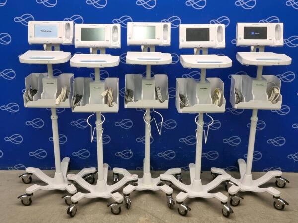 5 x Welch Allyn 75ME Connex Monitor and Welch Allyn 7000-APM Accessory Power Management Unit on Rollstand