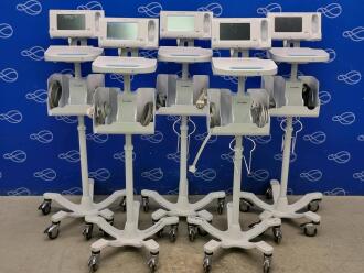 5 x Welch Allyn 75ME Connex Monitor and Welch Allyn 7000-APM Accessory Power Management Unit on Rollstand