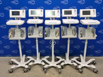 5 x Welch Allyn 75ME Connex Monitor and Welch Allyn 7000-APM Accessory Power Management Unit on Rollstand