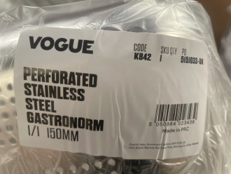 10 x Vogue SS Perforated 1/1 Gastronorm Tray 20 Ltr. 150 mm Depth - 2