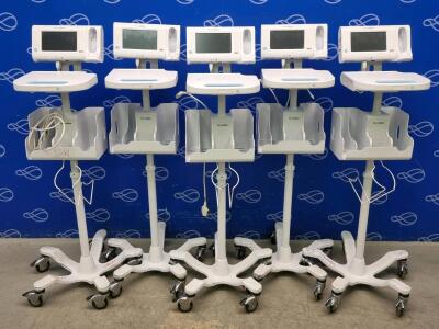 5 x Welch Allyn 75ME Connex Monitor and Welch Allyn 7000-APM Accessory Power Management Unit on Rollstand