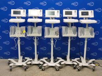 5 x Welch Allyn 75ME Connex Monitor and Welch Allyn 7000-APM Accessory Power Management Unit on Rollstand