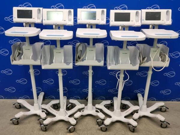5 x Welch Allyn 75ME Connex Monitor and Welch Allyn 7000-APM Accessory Power Management Unit on Rollstand