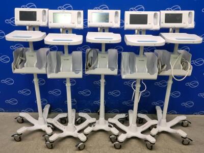5 x Welch Allyn 75ME Connex Monitor and Welch Allyn 7000-APM Accessory Power Management Unit on Rollstand