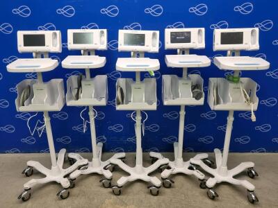 5 x Welch Allyn 75ME Connex Monitor and Welch Allyn 7000-APM Accessory Power Management Unit on Rollstand