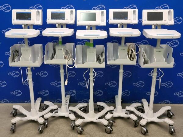 5 x Welch Allyn 75ME Connex Monitor and Welch Allyn 7000-APM Accessory Power Management Unit on Rollstand