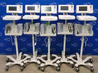 5 x Welch Allyn 75ME Connex Monitor and Welch Allyn 7000-APM Accessory Power Management Unit on Rollstand