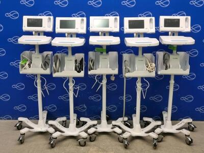 5 x Welch Allyn 75ME Connex Monitor and Welch Allyn 7000-APM Accessory Power Management Unit on Rollstand