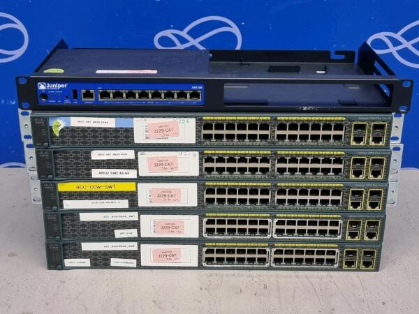 2 x Cisco Catalyst 2960 Series SI PoE, 3 x Cisco Catalyst 2960 Plus Series SI, 1 x Juniper Networks SRX100 Firewall