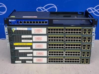 2 x Cisco Catalyst 2960 Series SI PoE, 3 x Cisco Catalyst 2960 Plus Series SI, 1 x Juniper Networks SRX100 Firewall