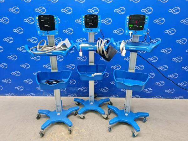 3 x GE Carescape V100 Dinamap Vital Signs monitor on Rollstand