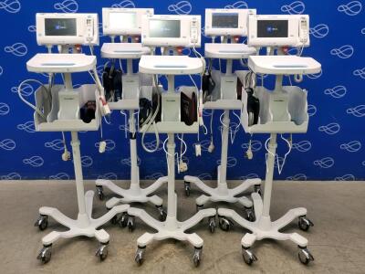 5 x Welch Allyn 75ME Connex Monitor and Welch Allyn 7000-APM Accessory Power Management Unit on Rollstand