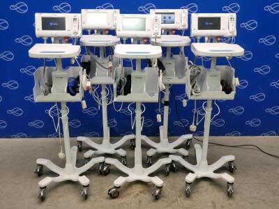 5 x Welch Allyn 75ME Connex Monitor and Welch Allyn 7000-APM Accessory Power Management Unit on Rollstand