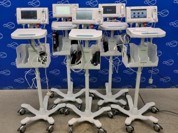 5 x Welch Allyn 75ME Connex Monitor and Welch Allyn 7000-APM Accessory Power Management Unit on Rollstand