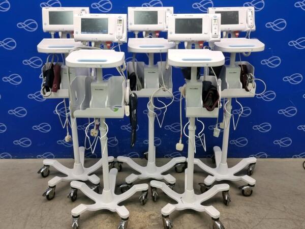 5 x Welch Allyn 75ME Connex Monitor and Welch Allyn 7000-APM Accessory Power Management Unit on Rollstand