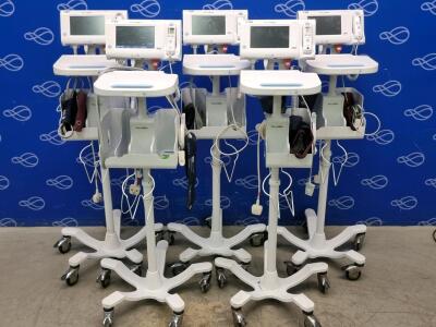 5 x Welch Allyn 75ME Connex Monitor and Welch Allyn 7000-APM Accessory Power Management Unit on Rollstand