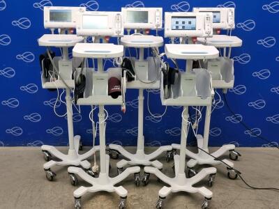 5 x Welch Allyn 75ME Connex Monitor and Welch Allyn 7000-APM Accessory Power Management Unit on Rollstand