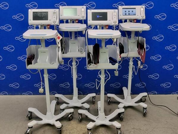 4 x Welch Allyn 75ME Connex Monitor and Welch Allyn 7000-APM Accessory Power Management Unit on Rollstand