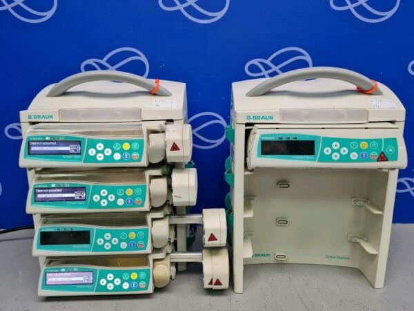 4 x B Braun Perfusor Space Syringe Driver, 1 x B Braun Infusomat Space Infusion Pump and 2 x B Braun SpaceStation Dock with B Braun SpaceCover