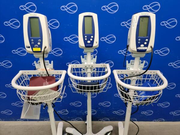 1 x Welch Allyn 42M0B Spot Vital Signs Monitor & 2 x Welch Allyn 42N0B Spot Vital Signs Monitor on 3 x Rollstand