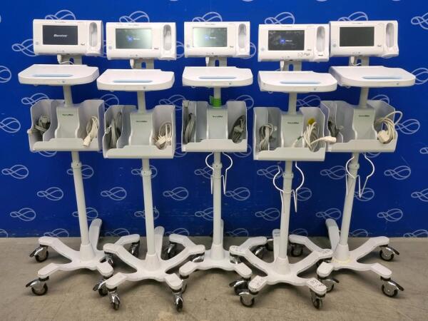 5 x Welch Allyn 75ME Connex Monitor and Welch Allyn 7000-APM Accessory Power Management Unit on Rollstand
