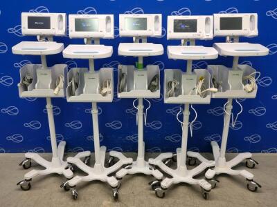 5 x Welch Allyn 75ME Connex Monitor and Welch Allyn 7000-APM Accessory Power Management Unit on Rollstand