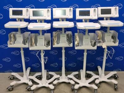 5 x Welch Allyn 75ME Connex Monitor and Welch Allyn 7000-APM Accessory Power Management Unit on Rollstand