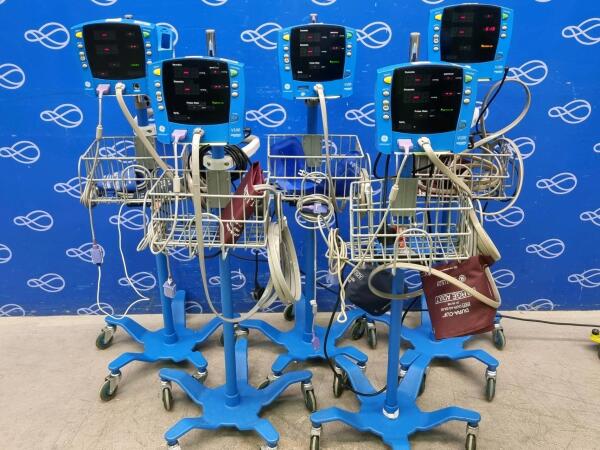 5 x GE Carescape V100 Dinamap Vital Signs Monitor on Rollstand
