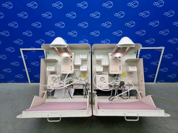2 x Fisher & Paykel Manual Control Infant Warmer & Neopuff Infant Resuscitator on Wall-Mounted Cosycabinet