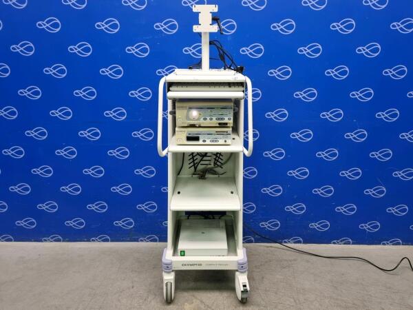 Olympus Visera OTV-S7 Video Processor and Olympus Visera CLV-S40 Light Source on Stack Trolley
