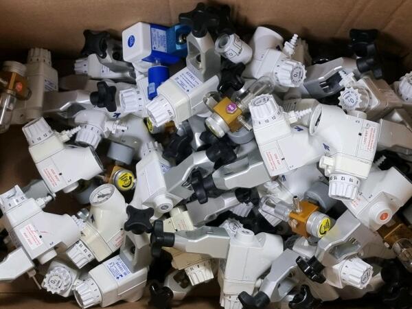 Quantity of Therapy Equipment Oxygen Regulator/Flowmeters, Vacuum Regulators, GCE Medicare MediSelect II, Oxilitre Oxygen Regulators,