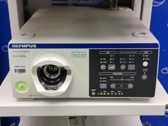 2 x Olympus Stack Trolleys with 2 x Olympus OEV262 Display Monitors and 1 x Olympus Evis Lucera Elite CLV-290SL Light Source - 3
