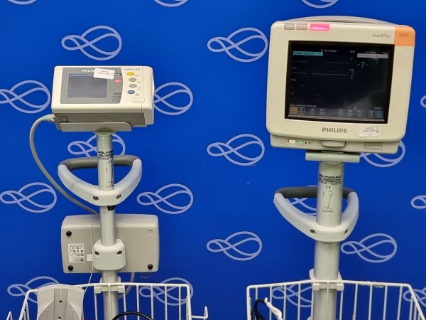 Philips IntelliVue MP5 Patient Monitor, and IntelliVue MP2 Transport Monitor on Rollstands