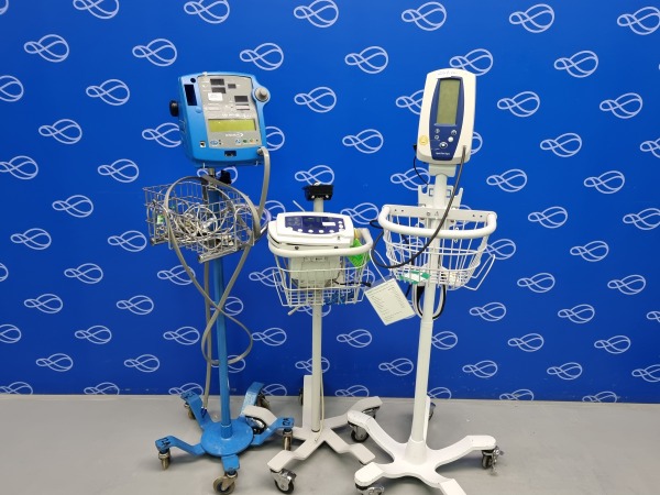 GE Dinamap PRO 400 Monitor, Welch Allyn 52N00 Series Monitor (Damaged), and Welch Allyn Spot Vital Signs Monitor on Rollstands